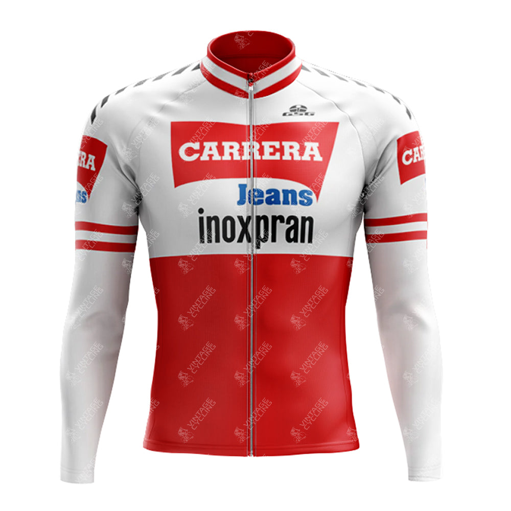 The 1984 CARRERA Retro Long Sleeve Cycling Set features a red and white design with CARRERA prominently on the chest and Jeans inoxpran below. Red accents adorn the sleeves, shoulders, and collar, making it ideal for those who appreciate classic flair in their cycling attire.