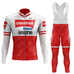 1984 CARRERA Retro Long Sleeve Cycling Set features a red and white jersey and bib tights with Jeans inoxpran branding. This vintage-inspired set includes a fleece zip-up jersey and bib tights with gel seat pad, displaying logos on chest, arms, and legs.