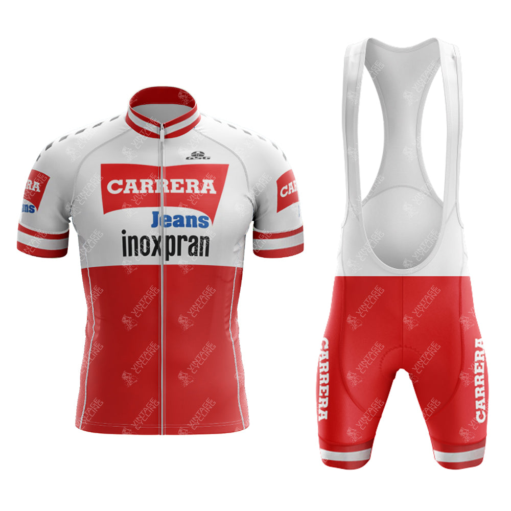 Vintage cycling fans will adore this 1984 CARRERA Retro Short Sleeve Cycling Set. The red and white jersey displays Carrera Jeans and Inoxpran logos, while the bib shorts feature side Carrera branding, both offering convenient zip-up closures.