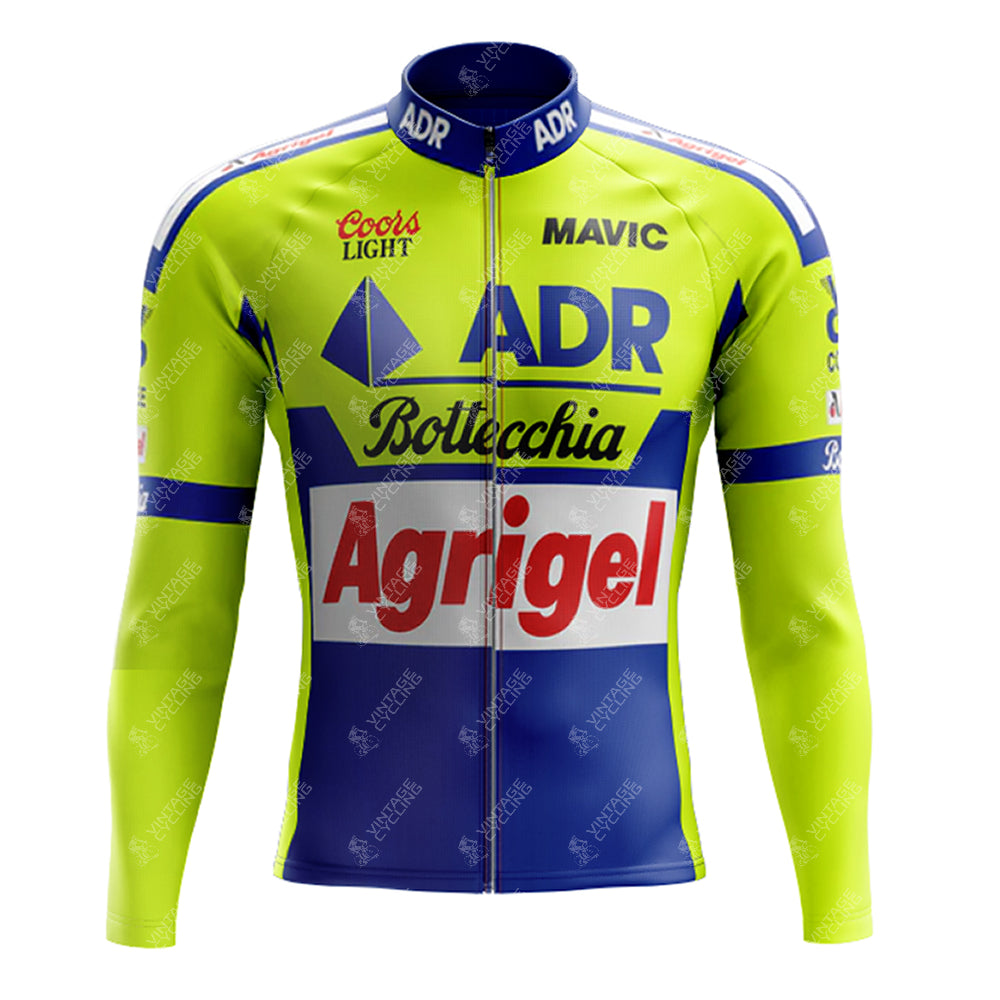 The 1989 ADR Retro Long Sleeve Cycling Set, with optional fleece, features a blue and neon yellow jersey adorned with ADR, Mavic, Bottecchia, Agrigel, and Coors Light logos. A front full-length zipper makes it a stylish match for your cycling gear.