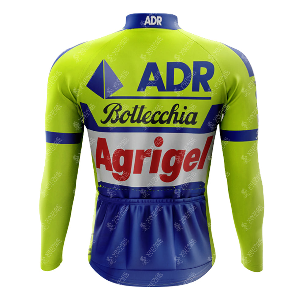 The image displays the 1989 ADR Retro Long Sleeve Cycling Set, featuring a vibrant green and blue design with ADR, Bottecchia, and Agrigel logos. This sleek jersey is part of a performance cycling set, designed for peak cycling performance, with an option for fleece lining.