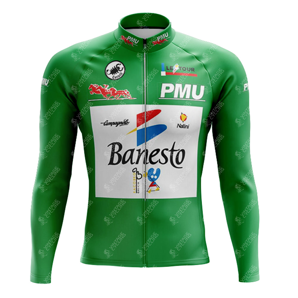 The 1990s Banesto Retro Long Sleeve Cycling Set features lightweight polyester, a full front zipper, and the iconic PMU and Banesto logos on white squares. Branding decorates the collar and sleeves, enhanced by vibrant graphics and text. A fleece option is available.