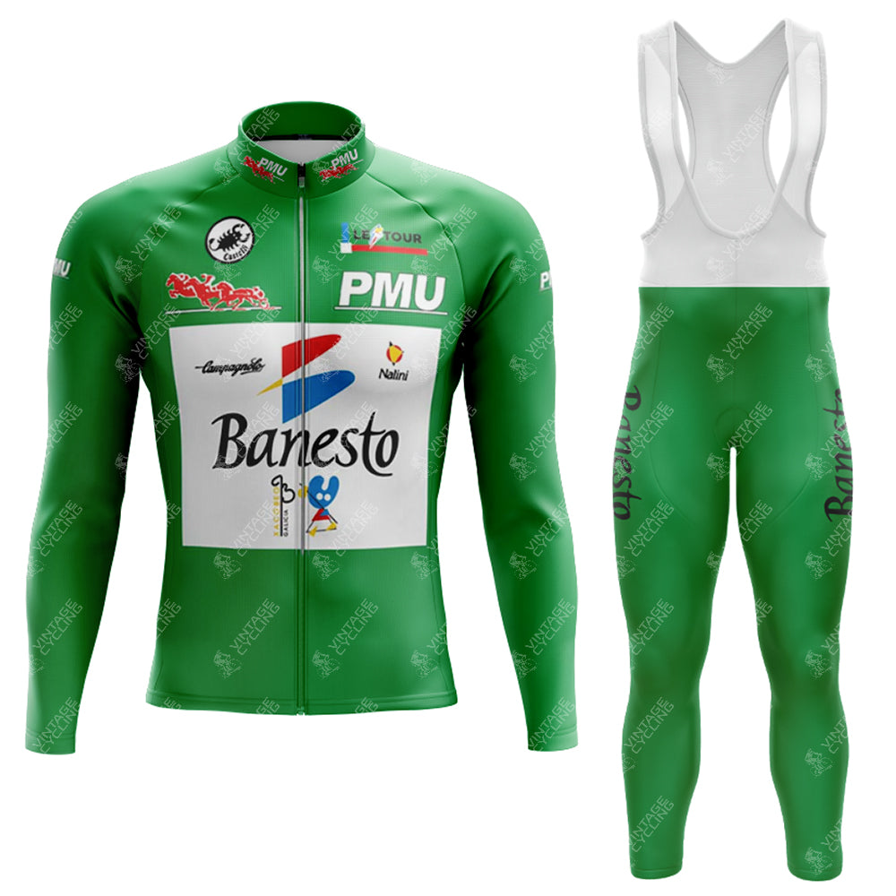 The 1990s Banesto Retro Long Sleeve Cycling Set, crafted from lightweight polyester with white accents, includes a fleece option for warmth. It features various sponsor graphics and logos like Banesto and PMU.