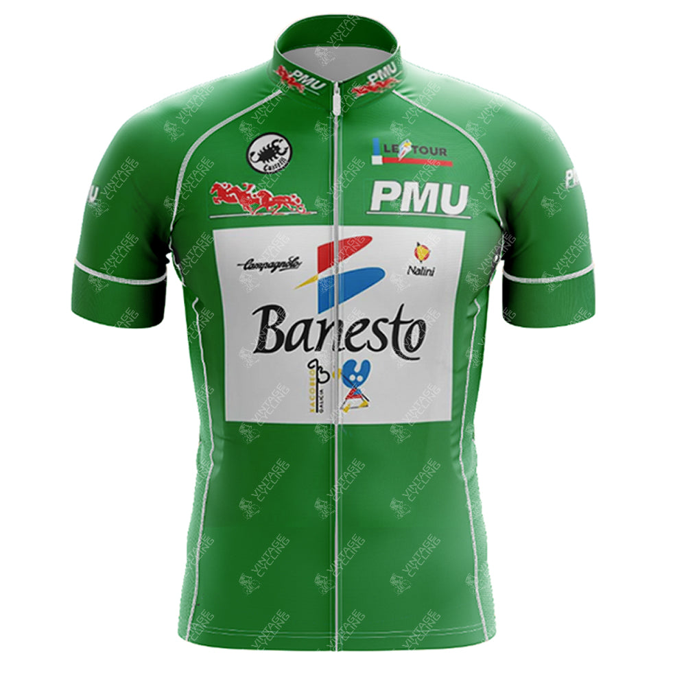 The 1990s Banesto Retro Short Sleeve Cycling Set includes a jersey with logo patches from PMU, Banesto, and Le Tour de France. It features a front zipper and white chest panels with designs.