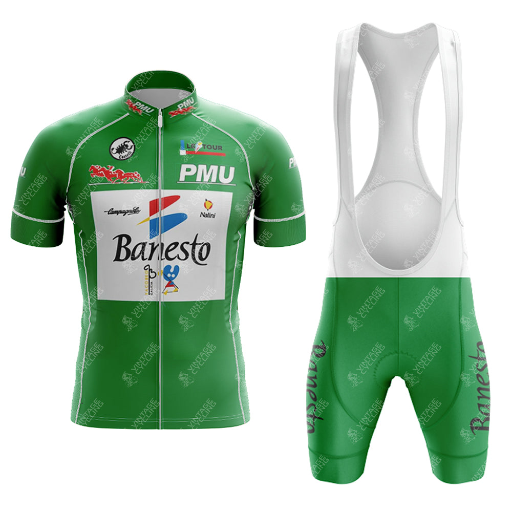 The 1990s Banesto Retro Short Sleeve Cycling Set features a green jersey with logos, a front zipper, and matching bib shorts displaying Banesto on the leg, complete with comfort straps.
