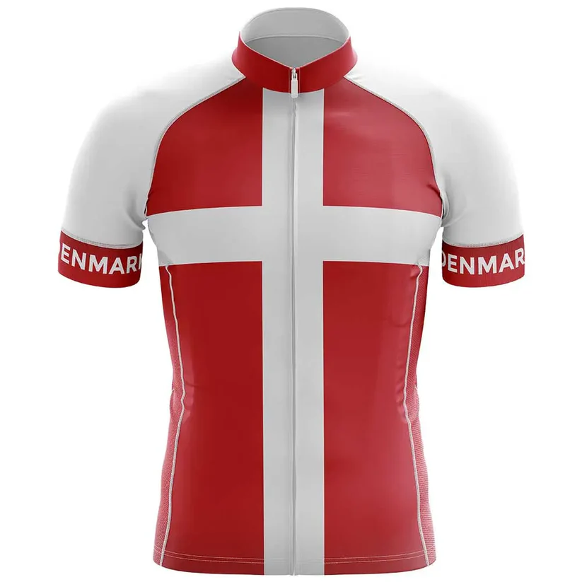 The Believe Men Short Sleeve Cycling Set features a red jersey with a white cross inspired by the Danish flag and "DENMARK" printed on the sleeves—ideal for any performance cyclist.