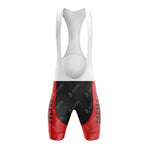 The red, black, and white cycling bib short evokes a FAEMA-inspired design with a white upper and shoulder straps. Its red and black lower part features vertical text on the left leg, perfectly complementing the FAEMA Red and White Retro Short Sleeve Cycling Set.