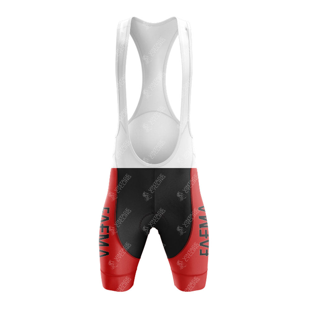 The red, black, and white cycling bib short evokes a FAEMA-inspired design with a white upper and shoulder straps. Its red and black lower part features vertical text on the left leg, perfectly complementing the FAEMA Red and White Retro Short Sleeve Cycling Set.