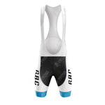 Rear view of the Gios Torino Retro Short Sleeve Cycling Set with black, white, and blue bib shorts. L V C H E is printed on the shorts, featuring bold CRC on the sides. White shoulder straps and blue leg cuffs complete the look.