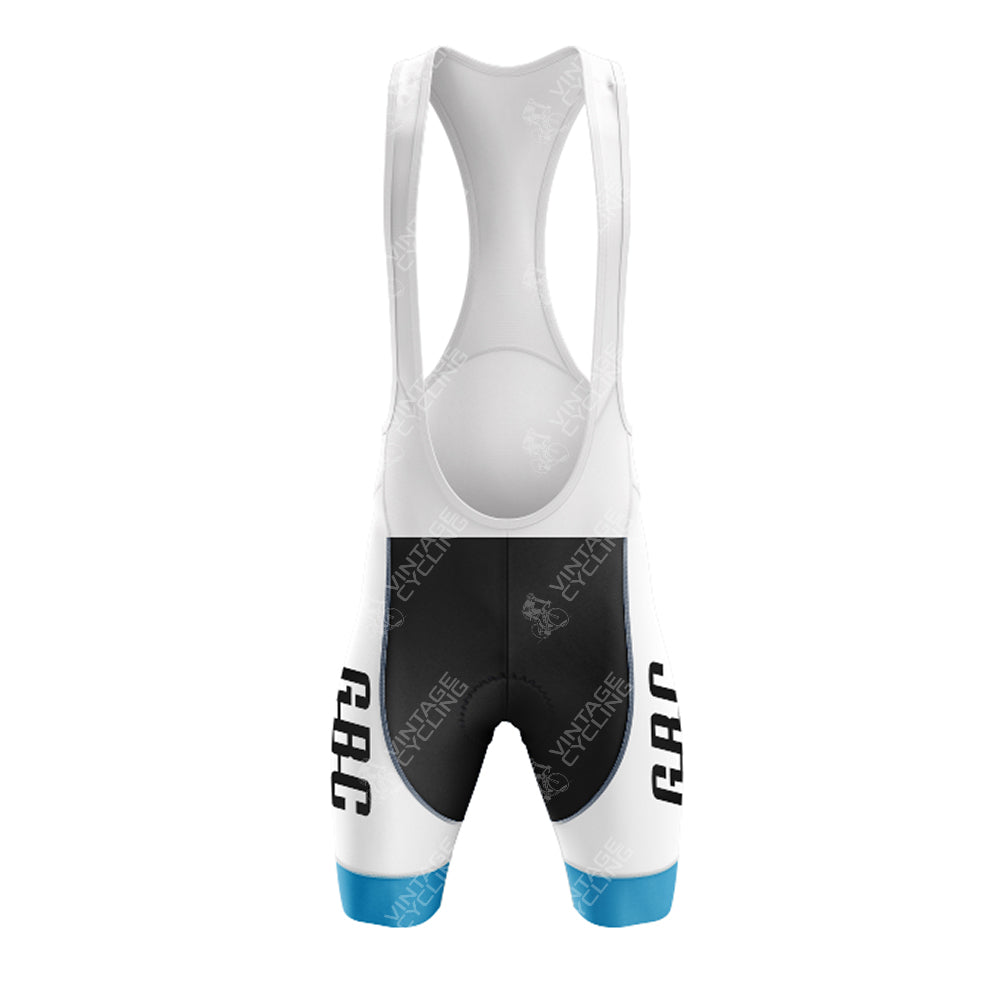 Rear view of the Gios Torino Retro Short Sleeve Cycling Set with black, white, and blue bib shorts. L V C H E is printed on the shorts, featuring bold CRC on the sides. White shoulder straps and blue leg cuffs complete the look.