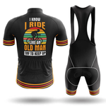 The Dawgs Short Sleeve Cycling Set features a black jersey and bib shorts with orange, yellow, and green stripes. Made from breathable fabric, the jersey says, "I know I ride like an old man, try to keep up." Front and back design shown.