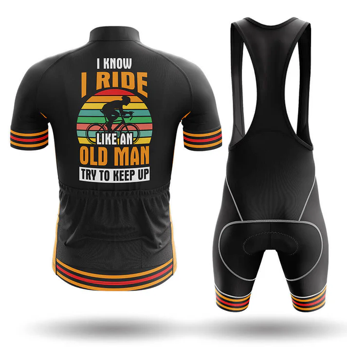 The Dawgs Short Sleeve Cycling Set features a black jersey and bib shorts with orange, yellow, and green stripes. Made from breathable fabric, the jersey says, "I know I ride like an old man, try to keep up." Front and back design shown.