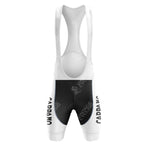 Front view of the black and white cycling bib shorts, featuring Cilo Aufina Retro Cycling Set on the legs. The bib has white straps and a black seat area, designed for comfort and performance with a nod to vintage cycling style.