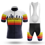 The 3 Feet Men Short Sleeve Cycling Set features a cycling jersey with red, orange, and yellow stripes, a black Houston skyline silhouette, HOUSTON text on white, and moisture-wicking fabric for comfort.