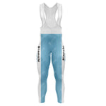 The Bianchi Piaggio Retro Long Sleeve Cycling Set offers a front view of blue and white bib tights with Bianchi in black on the legs, featuring shoulder straps. Ideal for pairing with a performance jersey for a cohesive set.