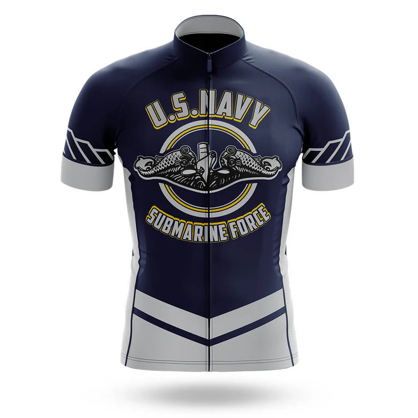 The Slow Cyclist Men Short Sleeve Cycling Set features a navy blue and gray jersey with "U.S. NAVY SUBMARINE FORCE" and a detailed submarine insignia on the front, perfect for fans of the Submarine Force.
