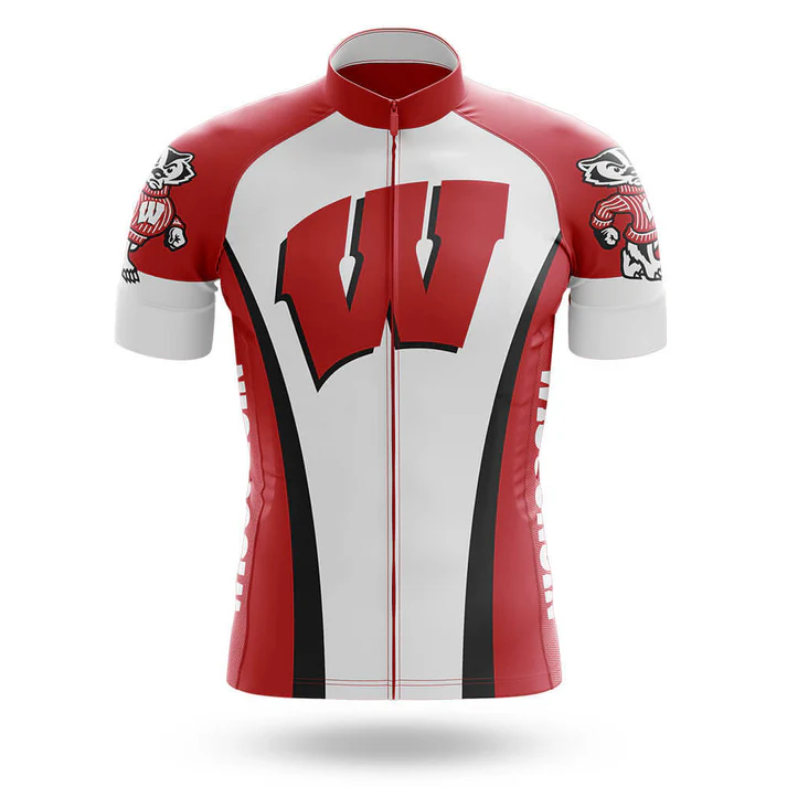The Assuming Old Man Short Sleeve Cycling Set features a red and white design with a large red W on the chest, cartoon badger mascots on each sleeve, black accents along the sides and chest, and a front zipper.