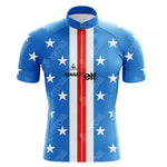 The Blue elf Retro Cycling Jersey is made from lightweight, breathable polyester and features white stars, a central vertical red and white stripe, RENAULT and elf logos, a front zipper, and short sleeves for maximum comfort.