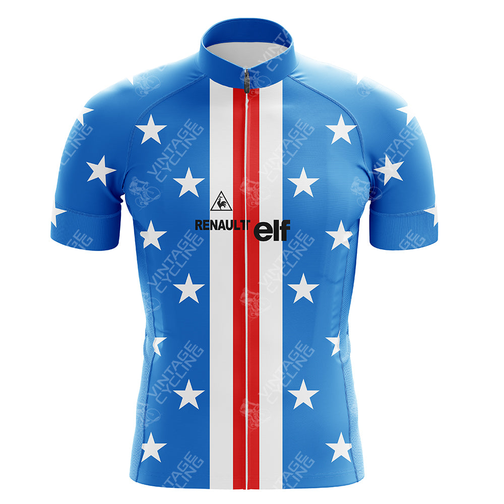 The Blue elf Retro Cycling Jersey is made from lightweight, breathable polyester and features white stars, a central vertical red and white stripe, RENAULT and elf logos, a front zipper, and short sleeves for maximum comfort.