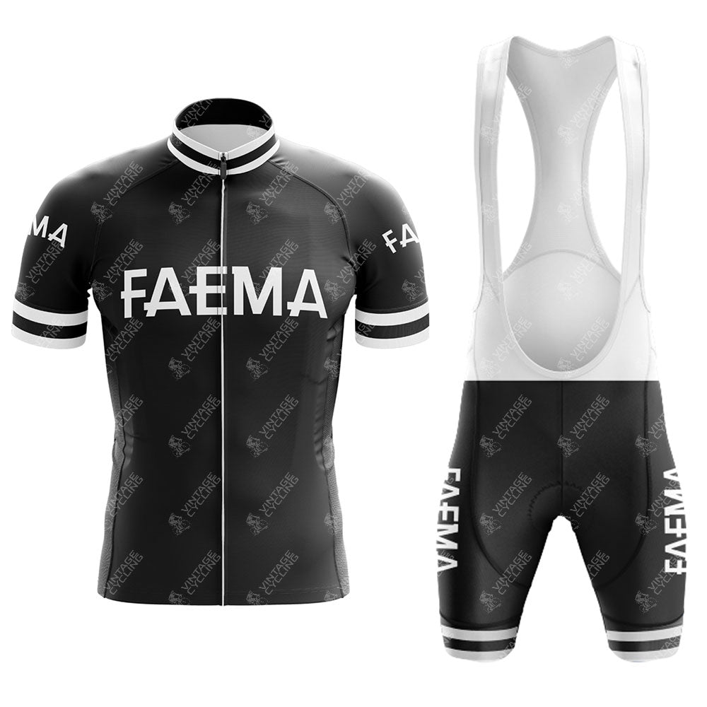 Vintage cycling enthusiasts will love the FAEMA Black Retro Short Sleeve Cycling Set. It features a retro jersey with front zipper, bib shorts with shoulder straps, and prominently displays the brand name, capturing classic charm.