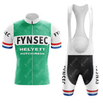 The FYNSEC Retro Short Sleeve Cycling Set includes a green jersey with black FYNSEC text, Helyett Hutchinson below, white sleeves, and red-blue arm bands. The black bib shorts feature FYNSEC on the side and have white leg bands with red-blue stripes.