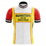 The Kwantum Hallen Decosol Retro Cycling Jersey features red sleeves, a white front panel with yellow stripes, and bold black KWANTUM Hallen Decosol text on the front—ideal for Colnago bike enthusiasts and vintage style lovers.