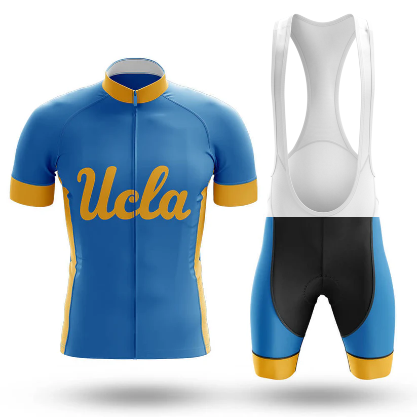 The USC Men Short Sleeve Cycling Set features a coordinated blue and gold jersey with "UCLA" on the front, paired with matching blue, gold, and black bib cycling shorts with white straps.