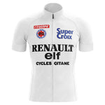 The White Elf Cycling Jersey Tour De France 1983 Retro Cycling Jersey showcases logos of Super Croix, Renault, Elf, Cycles Gitane, and LEquipe. With short sleeves and a front zipper, it captures the spirit of classic races.