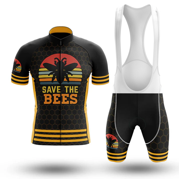 The U.S. Army V2 Men Short Sleeve Cycling Set is a black and yellow kit with honeycomb patterns, a large bee silhouette and red sun on the jersey front, SAVE THE BEES text, and a small bee graphic on the bib shorts.