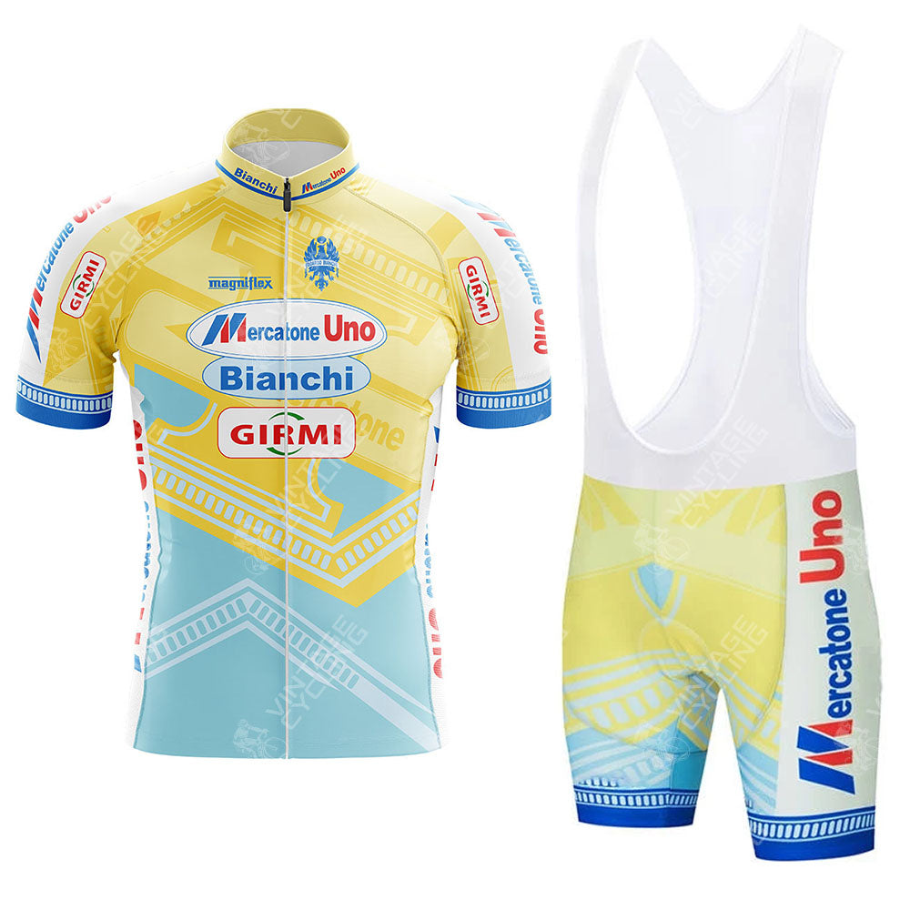The Credit Agricole Retro Short Sleeve Cycling Set, in yellow and blue, includes a jersey and bib shorts. Adorned with Mercatone Uno, Bianchi, and Girmi logos, it features geometric patterns on a light backdrop—ideal for enthusiasts of classic cycling style.