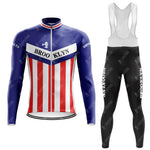 The Brooklyn Chewing Gum Retro Cycling Jersey Long Set honors Roger de Vlaeminck with a blue long-sleeve jersey featuring red and white stripes and Brooklyn text, plus black bib tights displaying Brooklyn on the legs.