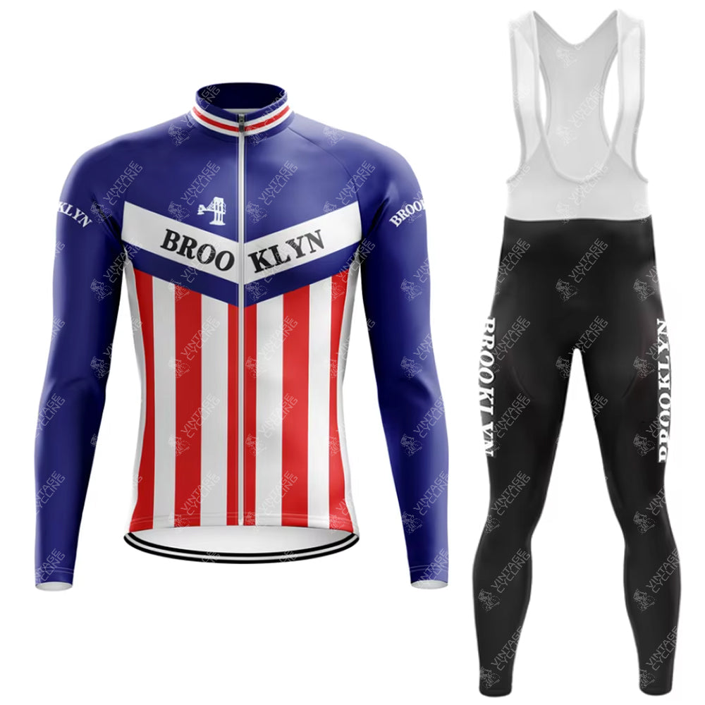 The Brooklyn Chewing Gum Retro Cycling Jersey Long Set honors Roger de Vlaeminck with a blue long-sleeve jersey featuring red and white stripes and Brooklyn text, plus black bib tights displaying Brooklyn on the legs.