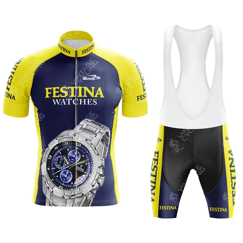 Introducing the FESTINA Retro Short Sleeve Cycling Set: a vibrant ensemble with a yellow and blue jersey featuring FESTINA branding and an iconic watch graphic, paired with matching bib shorts. For the perfect fit, check our Sizing Guide.