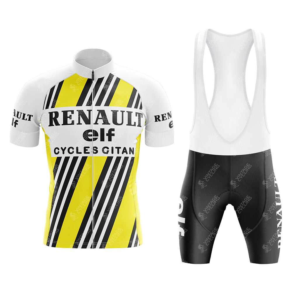 The Renault Elf Gitane Retro Cycling Jersey Set includes a short-sleeved jersey with black, white, and yellow stripes featuring RENAULT and elf text. Paired with black bib shorts showcasing the elf logo on the leg, its perfect for reliving Tour de France glory days.