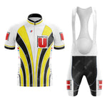 The Tricofilina Coppi Retro Short Sleeve Cycling Set features a white, yellow, and black jersey with matching bib shorts. Bold yellow and black stripes plus red logo patches make this cycling set truly stand out.