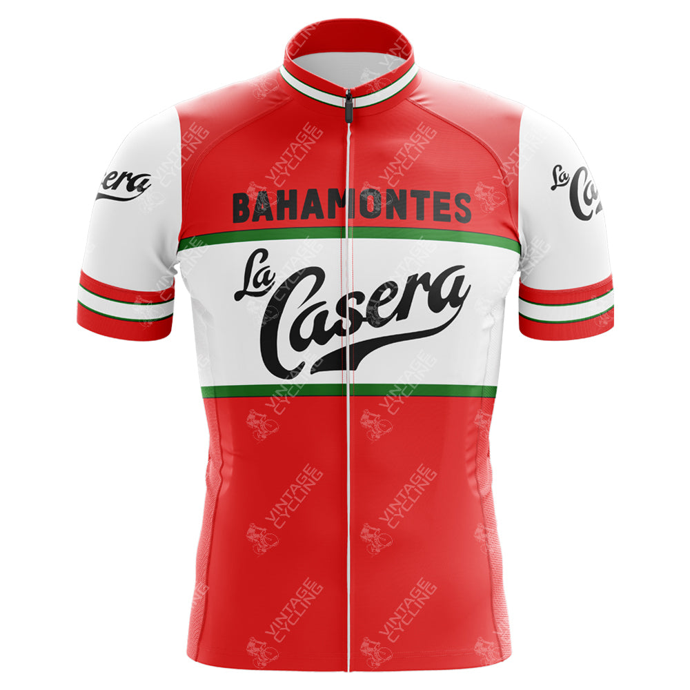 The La Casera-Bahamontes Retro Cycling Jersey boasts bold Bahamontes text on the chest, a La Casera logo, and striking green accents. Red stripes embellish the sleeves, and a convenient front zipper completes this chic short-sleeve design.