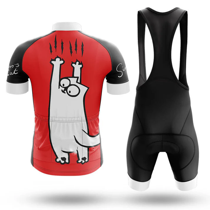 The U.S. Coast Guard Men Short Sleeve Cycling Set features a red and black jersey with a cartoon white cat scratching upward on the back and matching black bib shorts, displayed on a white background.