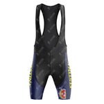 The Festina Watches Retro Cycling Jersey Set includes black and navy bib shorts with a sleek halter design, featuring a left leg logo and FESTINA in yellow on the right. Scattered white patterns and a supportive gel seat pad add style and comfort.