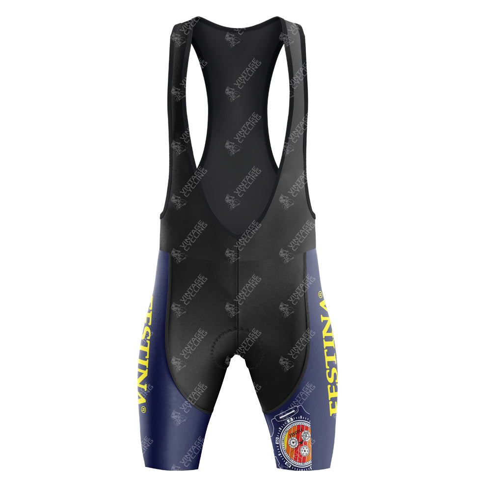 The Festina Watches Retro Cycling Jersey Set includes black and navy bib shorts with a sleek halter design, featuring a left leg logo and FESTINA in yellow on the right. Scattered white patterns and a supportive gel seat pad add style and comfort.