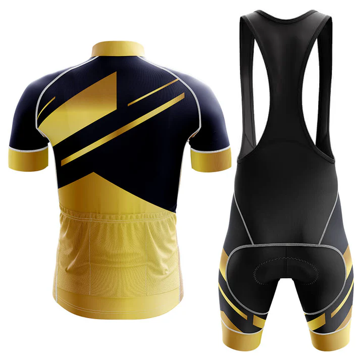 The U.S.Navy Short Sleeve Cycling Set includes a jersey with bold black and yellow diagonal patterns and bib shorts featuring yellow accents and a racerback—ideal customizable cycling gear for stylish riders.