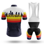 The 3 Feet Men Short Sleeve Cycling Set features a retro cycling jersey with moisture-wicking fabric, yellow, orange, and red stripes, a black skyline silhouette with HOUSTON text, plus matching bib shorts with similar colored stripes.