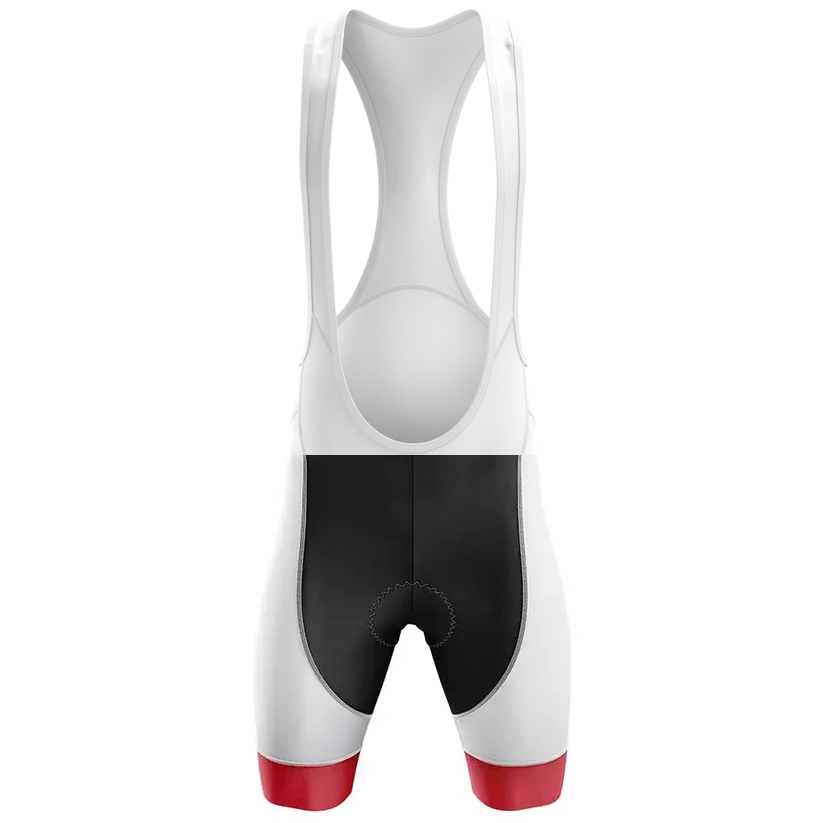 The Believe Men Short Sleeve Cycling Set includes cycling bib shorts with white straps and legs, a black seat area, and red bands around the lower legs, as shown from the back.