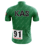 The back view of the KAS Green Retro Short Sleeve Cycling Set displays KAS in bold black letters, a pinned race number 91, and the text J.M. Fuentes El Tarangu alongside La Gazzetta dello Sport.