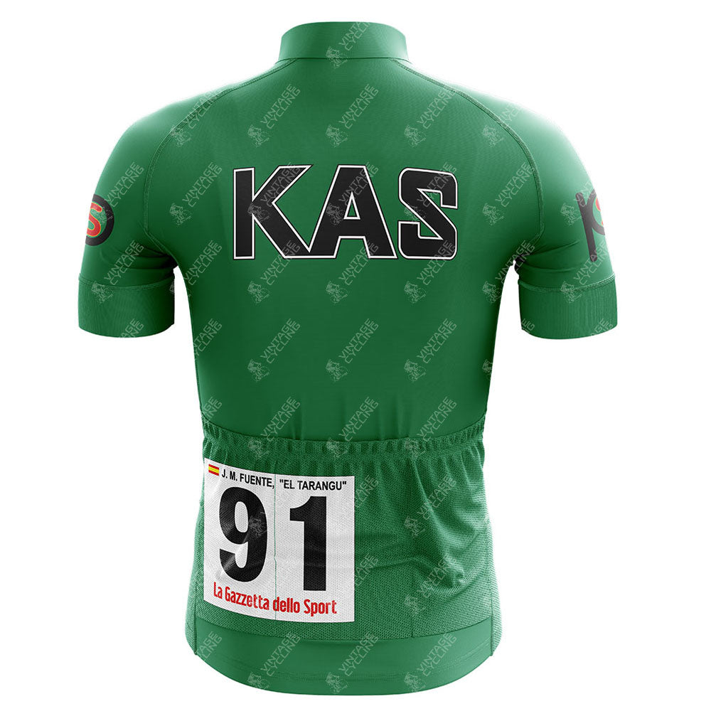 The back view of the KAS Green Retro Short Sleeve Cycling Set displays KAS in bold black letters, a pinned race number 91, and the text J.M. Fuentes El Tarangu alongside La Gazzetta dello Sport.