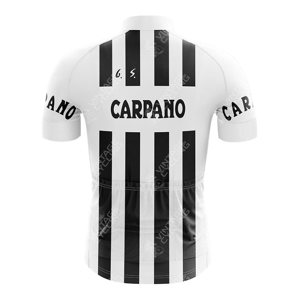 Back view of a Cilo Aufina Retro Cycling Set showcasing a vintage-style black and white vertical striped jersey with CARPANO and initials G.S. The short sleeves and collar are white, featuring varying stripe widths.