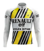The 1980s elf Fleece Retro Long Cycling Set features a yellow fleece-lined jersey with diagonal black stripes, white sleeves, and bold black Renault, elf, and Cycles Gitane branding.