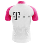 Rear view of the T Retro Short Sleeve Cycling Set: a pink into white cycling jersey and shorts, featuring a large central black T. The fabric is smooth with visible stitching, elastic bands at the sleeves and waist.