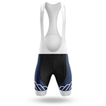 The Slow Cyclist Men Short Sleeve Cycling Set includes a pair of black cycling bib shorts with white straps and navy blue panels featuring white geometric designs—ideal for pairing with the short sleeve jersey or a Chicago flag cycling kit.