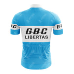 The Gios Torino Retro Short Sleeve Cycling Set features a light blue back with white panels, G.B.C. - LIBERTAS printed in black, and GBC on the sleeves, embodying a timeless style.