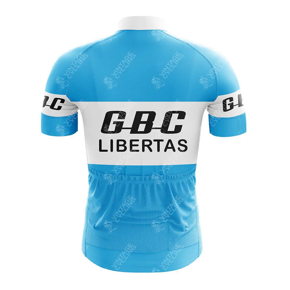 The Gios Torino Retro Short Sleeve Cycling Set features a light blue back with white panels, G.B.C. - LIBERTAS printed in black, and GBC on the sleeves, embodying a timeless style.